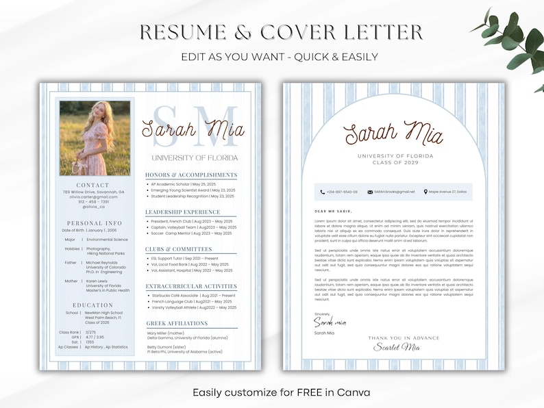 May include: A resume and cover letter template with a light blue and white striped border. The resume includes a photo, contact information, and sections for education, experience, and extracurricular activities. The cover letter has a matching design. Text reads "Resume & Cover Letter" and "Edit as you want - Quick & Easily."
