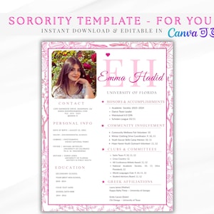 Editable Pink Sorority Resume Template, Canva Design with Photo, Sorority Recruitment Cover Letter, Rush Resume Template, Sorority Resume.
