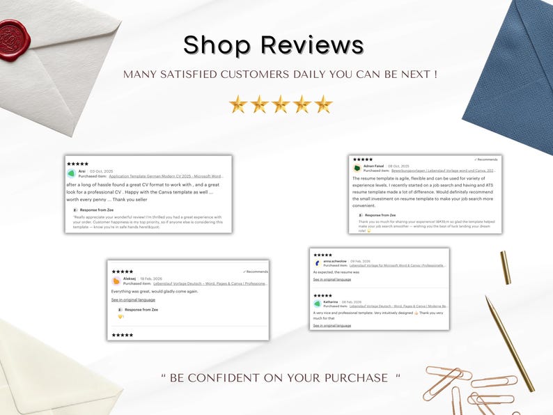 May include: Promotional image with the text "Shop Reviews" and "Many Satisfied Customers Daily You Can Be Next!" displayed. The image includes customer reviews, gold stars, stationery, and a wax seal on an envelope.