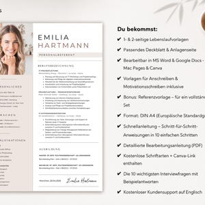 May include: A resume template with the name "Emilia Hartmann" in a modern design. The resume includes sections for personal information, qualifications, and work experience. A cup of coffee sits in the upper right corner.