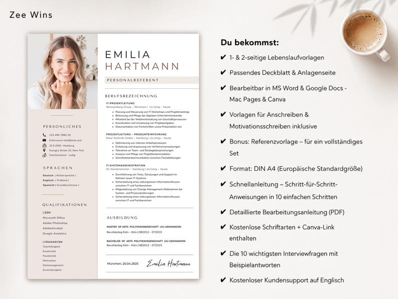 May include: A resume template with the name "Emilia Hartmann" in a modern design. The resume includes sections for personal information, qualifications, and work experience. A cup of coffee sits in the upper right corner.