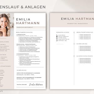 May include: Two-page resume template with a photo of a smiling woman. The left page includes personal details, skills, and qualifications. The right page lists experience, education, and awards. Text includes "EMILIA HARTMANN" and "MARKETING MANAGERIN".