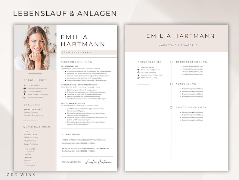 May include: Two-page resume template with a photo of a smiling woman. The left page includes personal details, skills, and qualifications. The right page lists experience, education, and awards. Text includes "EMILIA HARTMANN" and "MARKETING MANAGERIN".
