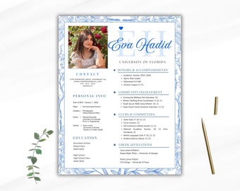 Blue Sorority Resume Rush Resume & Cover Letter | Editable Canva Design with Photo | Sorority Recruitment Packet | Digital Download