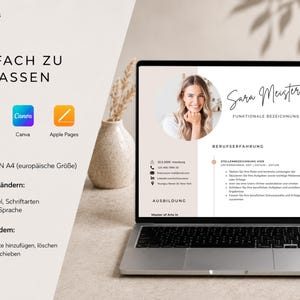 May include: A laptop screen shows a resume template with the name "Sara Meistert" and the text "Funktionale Bezeichnung." The screen displays a photo of a woman. The laptop is open on a light surface, with a vase and a mug nearby.