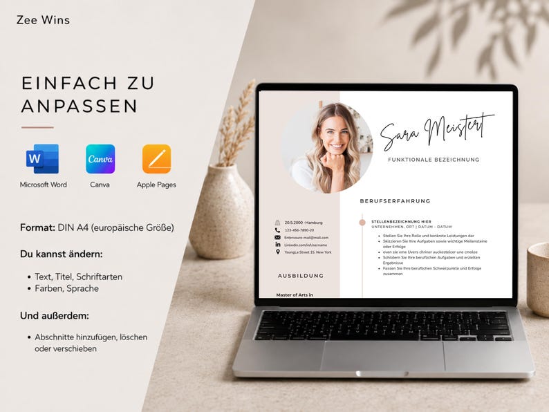 May include: A laptop screen shows a resume template with the name "Sara Meistert" and the text "Funktionale Bezeichnung." The screen displays a photo of a woman. The laptop is open on a light surface, with a vase and a mug nearby.