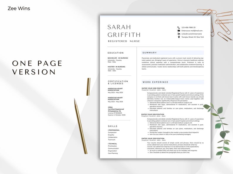 Nurse Resume Template Word, Google-Docs,Pages Registered Nurse Resume Template RN, Physician Assistant Resume for Nurse, New Grad Nurse CV image 2