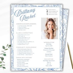 May include: A resume template with a blue floral border and the name "Brittany Rachel" in elegant script. The resume includes sections for honors, clubs, community involvement, and education, along with a photo and contact information.