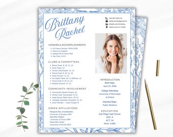 Editable Blue Sorority Rush  Resume Template, Canva Design with Photo, Stylish Sorority Recruitment Cover letter, Cute Greek Life Rush Pack