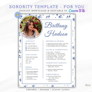 Sorority resume template with photo, Sorority recruitment, Sorority Resume and Cover Letter, Cute Blue social sorority rush resume canva.