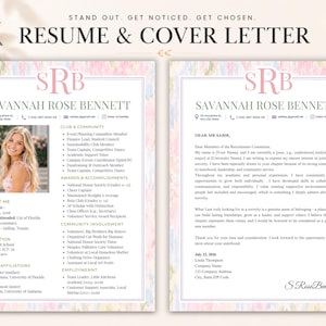 May include: A CV and cover letter template set featuring the name SAVANNAH ROSE BENNETT in large font, a monogram SRB, and a placeholder photo of a person. The documents include sections for contact info, education, and experience with a watercolour border.