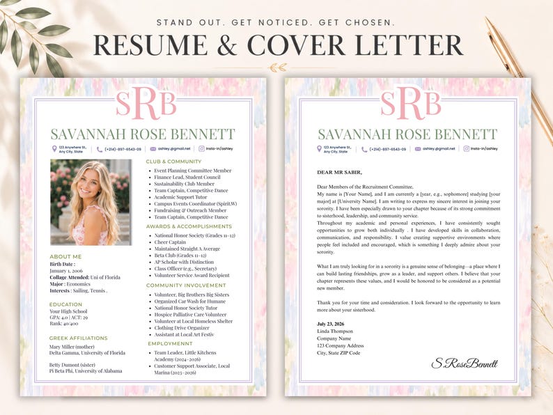 May include: A CV and cover letter template set featuring the name SAVANNAH ROSE BENNETT in large font, a monogram SRB, and a placeholder photo of a person. The documents include sections for contact info, education, and experience with a watercolour border.