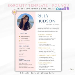 Sorority rush resume template, Perfect for any Sorority, Any Rose and White Sorority recruitment, Clean Blue Pink Sorority Resume with Photo
