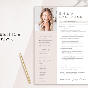 May include: A resume template with a photo of a smiling woman. The document features a clean layout with sections for personal details, skills, and experience. The text "EINSEITIGE VERSION" is displayed in large font. A gold pen rests near the resume.