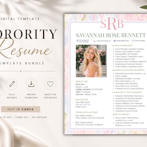 May include: A digital sorority resume template bundle featuring a pastel watercolour border, a placeholder for a headshot, and sections for personal information, education, club involvement, and employment history, with the text SRB at the top.