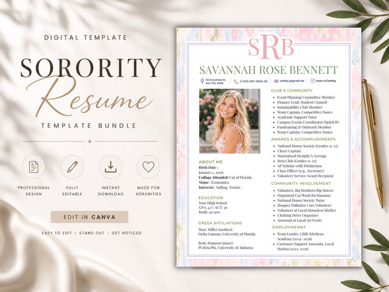 May include: A digital sorority resume template bundle featuring a pastel watercolour border, a placeholder for a headshot, and sections for personal information, education, club involvement, and employment history, with the text SRB at the top.