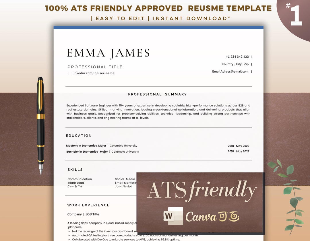 ATS Friendly Resume Template Word - Canva | Professional Modern CV ...