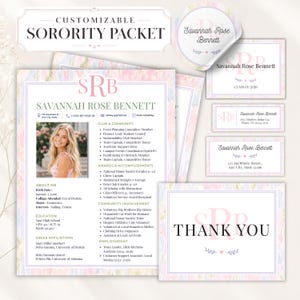 May include: A customizable sorority packet featuring a resume, circular sticker, and address labels with a pastel watercolor background. The text includes the name Savannah Rose Bennett, contact details, academic achievements, and a thank you note.