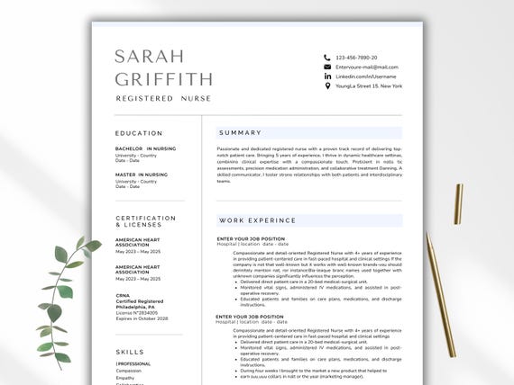 Nurse Resume Template Word, Google-Docs,Pages Registered Nurse Resume Template RN, Physician Assistant Resume for Nurse, New Grad Nurse CV