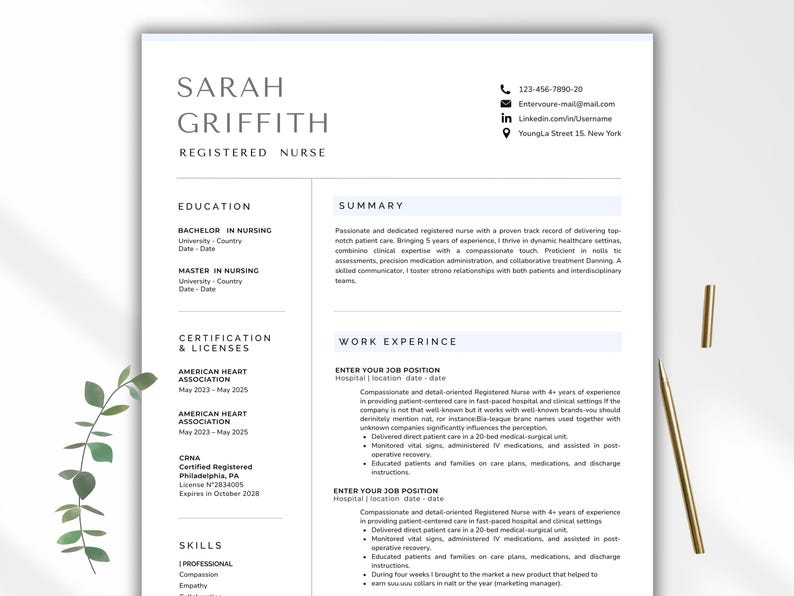 Nurse Resume Template Word, Google-Docs,Pages Registered Nurse Resume Template RN, Physician Assistant Resume for Nurse, New Grad Nurse CV image 1