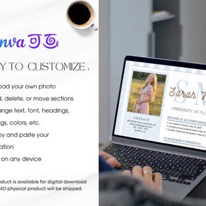 May include: A laptop screen showing a resume template with a photo, name, and contact details. The Canva logo and the words "EASY TO CUSTOMIZE" are displayed, along with customisation options. A coffee cup is in the top right corner.