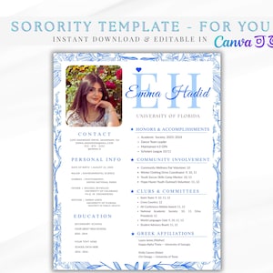 Blue Sorority Resume Template, Sorority Recruitment Resume Packet, Sorority Rush Resume with photo, Social Resume and Cover Letter Canva