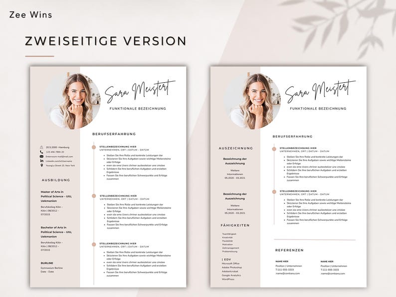 May include: A two-page resume template featuring a photograph of a smiling woman. The design is minimalist, with sections for work experience, education, and skills. The text "Zee Wins" and "ZWEISEITIGE VERSION" are visible.