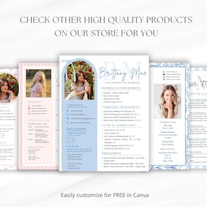 May include: Several resume templates in pastel shades are displayed, each with a photo and personal information. The text "CHECK OTHER HIGH QUALITY PRODUCTS ON OUR STORE FOR YOU" is at the top. The text "Easily customise for FREE in Canva" is at the bottom.