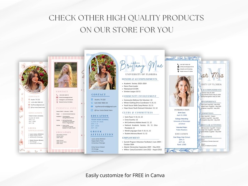 May include: Several resume templates in pastel shades are displayed, each with a photo and personal information. The text "CHECK OTHER HIGH QUALITY PRODUCTS ON OUR STORE FOR YOU" is at the top. The text "Easily customise for FREE in Canva" is at the bottom.