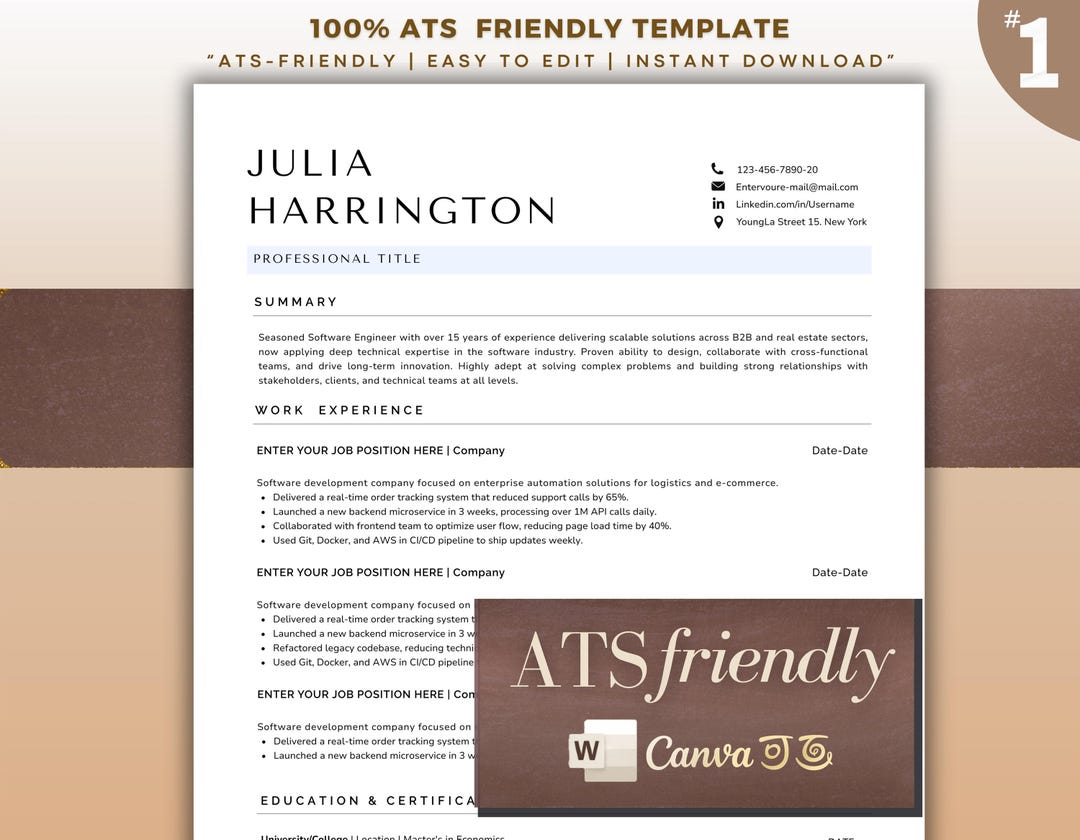 ATS Friendly Resume Template for Word & Canva | Minimalist CV Design ...