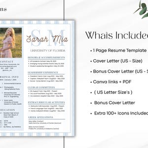May include: A resume template featuring a photograph of a woman in a pink dress. The document includes sections for contact details, personal information, education, and extracurricular activities. The name "Sarah Mia" is at the top, with "University of Florida" below.