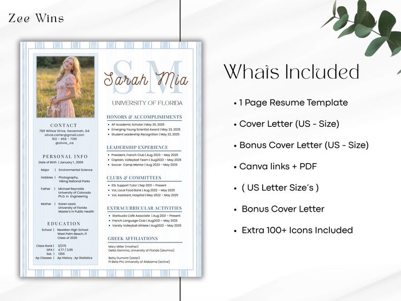 May include: A resume template featuring a photograph of a woman in a pink dress. The document includes sections for contact details, personal information, education, and extracurricular activities. The name "Sarah Mia" is at the top, with "University of Florida" below.