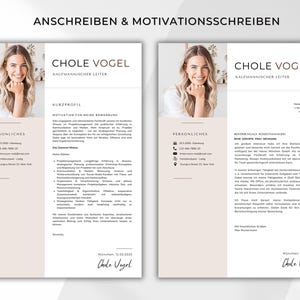Peut inclure: Mod&egrave;le de CV en deux pages avec le nom "CHOLE VOGEL" en haut. Le CV comprend des informations personnelles, une section profil et une lettre de motivation. Le texte "ANSCHREIBEN & MOTIVATIONSSCHREIBEN" est en haut. Le fond est beige clair.