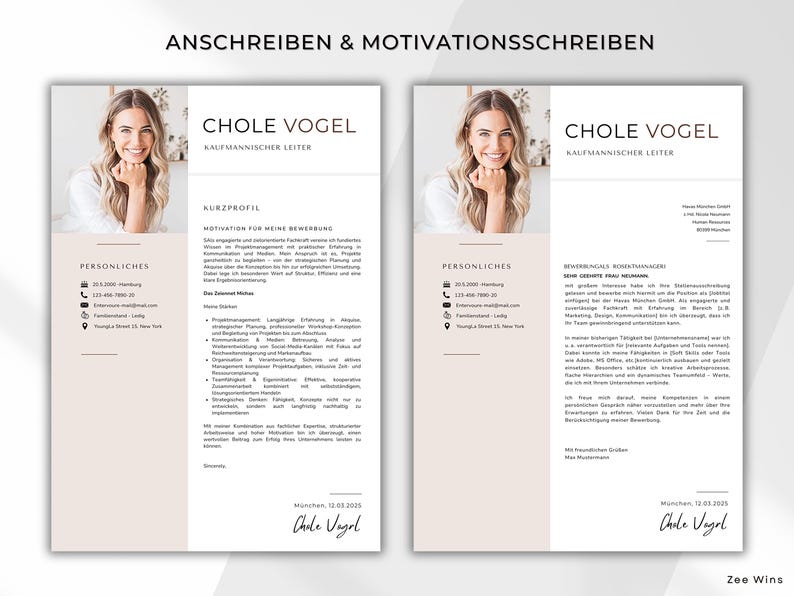 Peut inclure: Mod&egrave;le de CV en deux pages avec le nom "CHOLE VOGEL" en haut. Le CV comprend des informations personnelles, une section profil et une lettre de motivation. Le texte "ANSCHREIBEN & MOTIVATIONSSCHREIBEN" est en haut. Le fond est beige clair.