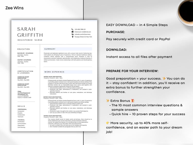 Nurse Resume Template Word, Google-Docs,Pages Registered Nurse Resume Template RN, Physician Assistant Resume for Nurse, New Grad Nurse CV image 12