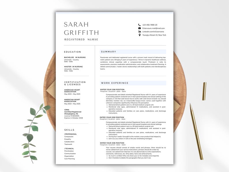Nurse Resume Template Word, Google-Docs,Pages Registered Nurse Resume Template RN, Physician Assistant Resume for Nurse, New Grad Nurse CV image 13