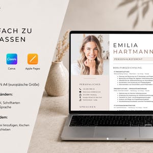 May include: A laptop displays a resume template with the name "Emilia Hartmann" and the title "Personalreferent." The screen also shows icons for Microsoft Word, Canva, and Apple Pages. Text on the left side says "Einfach zu Anpassen."