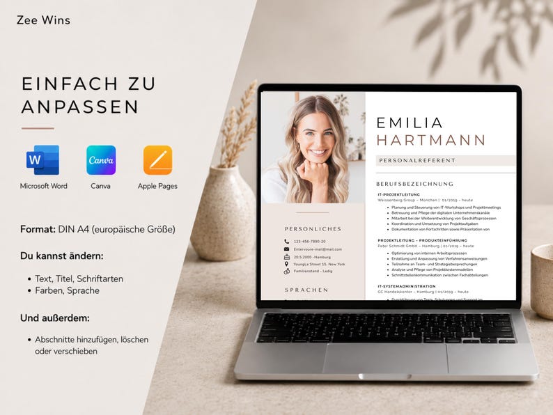 May include: A laptop displays a resume template with the name "Emilia Hartmann" and the title "Personalreferent." The screen also shows icons for Microsoft Word, Canva, and Apple Pages. Text on the left side says "Einfach zu Anpassen."