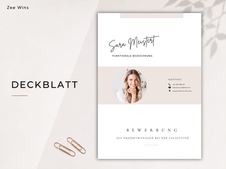 May include: A minimalist resume template with the name "Sara Meistert" in script. The word "DECKBLATT" is in bold. A photo of a smiling person is included, along with contact details and the text "BEWERBUNG". Two gold paperclips are at the bottom.