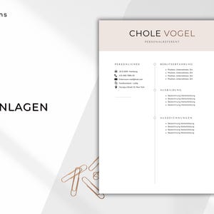 Peut inclure: Un mod&egrave;le de CV minimaliste avec le nom "CHLOE VOGEL". Le document pr&eacute;sente des sections pour les informations personnelles, l'exp&eacute;rience professionnelle, l'&eacute;ducation et les r&eacute;compenses. Le mot "ANLAGEN" est visible dans l'image.