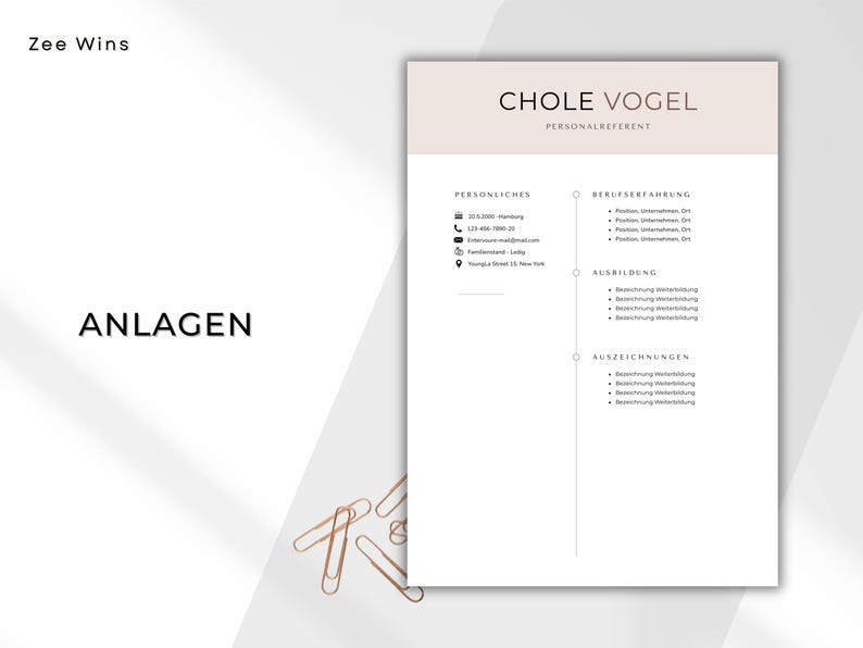 Peut inclure: Un mod&egrave;le de CV minimaliste avec le nom "CHLOE VOGEL". Le document pr&eacute;sente des sections pour les informations personnelles, l'exp&eacute;rience professionnelle, l'&eacute;ducation et les r&eacute;compenses. Le mot "ANLAGEN" est visible dans l'image.