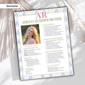 Op de afbeelding: Een cv-sjabloon met een foto van een jonge vrouw, met een bloemmotief in blauw, roze en groen. De tekst bevat de naam "Amelia Summer Richer", contactgegevens en secties voor clubbetrokkenheid, onderscheidingen en opleiding. Het woord "Bestseller" staat linksboven.