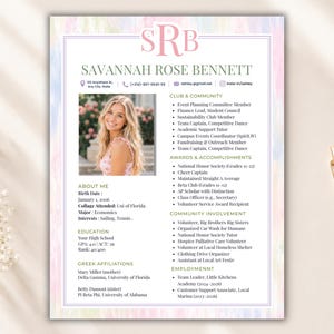 May include: A resume template featuring a pastel watercolor border, the monogram SRB, and the name SAVANNAH ROSE BENNETT. It includes sections for contact information, a photo placeholder, about me, education, Greek affiliations, and community involvement.