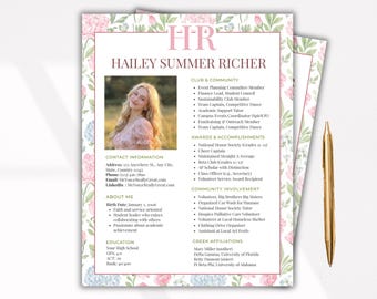 Sorority Rush resume template with photo, Sorority Rush Resume and Cover letter, floral print, feminine,  pink green, grad 2026, PNM resume