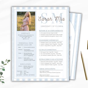 May include: A resume template with a photo, contact information, and sections for personal info, education, and experience. The design features a light blue and white striped border and a gold pen.