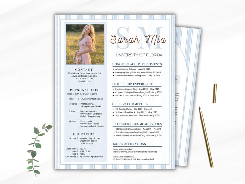 May include: A resume template with a photo, contact details, and sections for personal info, education, and experience. The design features a light blue and white striped border and a gold pen.