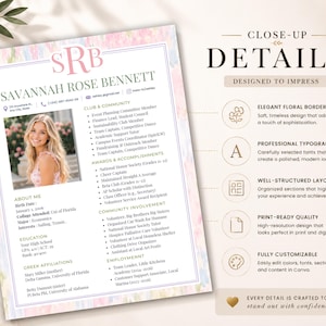 May include: A CV template featuring a pastel watercolour border, a monogram SRB, and a placeholder photo. The document includes sections for contact info, club and community involvement, awards, education, and employment history in a clean layout.
