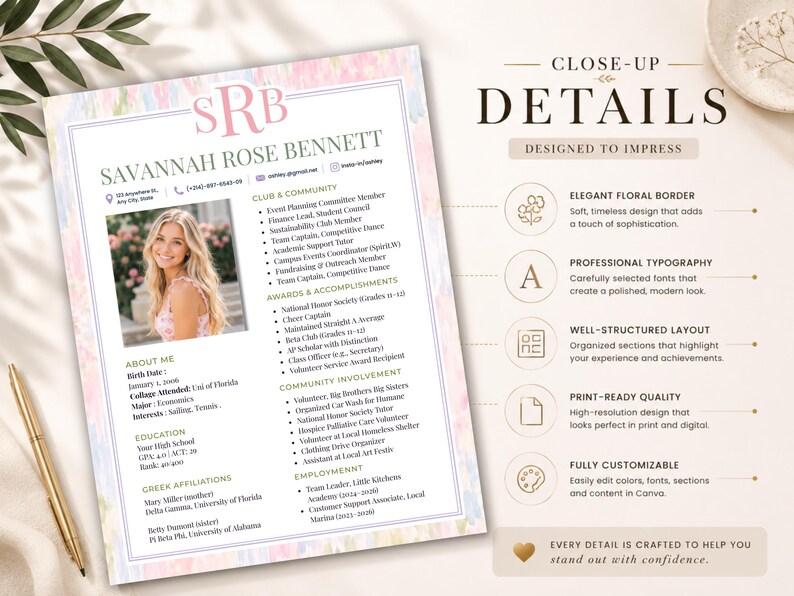 May include: A CV template featuring a pastel watercolour border, a monogram SRB, and a placeholder photo. The document includes sections for contact info, club and community involvement, awards, education, and employment history in a clean layout.
