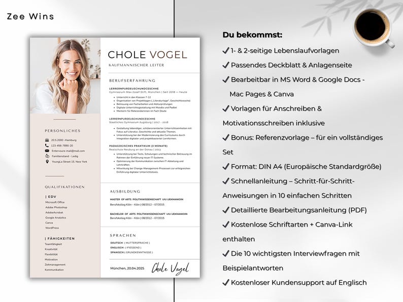 Lebenslauf Vorlage Deutsch 2026 | CV professionnel avec Anschreiben & Foto | Bewerbung Vorlage Word, Pages-Canva | Téléchargement de CV moderne image 2