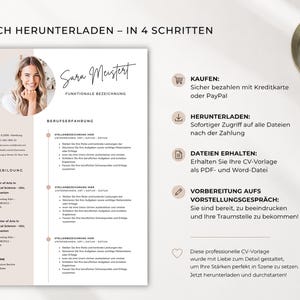 May include: A resume template featuring a woman's photo, the name "Sara Meistert", and the words "Functional Designation". The resume includes sections for work experience and education. Text on the right side says "Buy", "Download", "Get Files", and "Prepare for Interview".